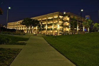 Biola University parking structure at night