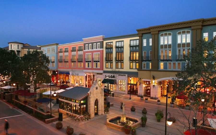 Santana Row retail district at dusk